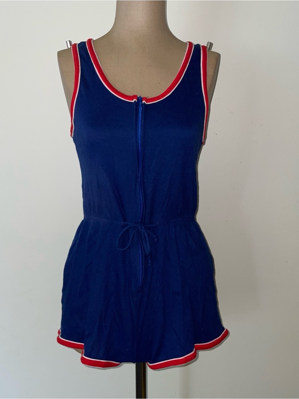 Source Unknown Navy Blue Romper with Red and White Trim